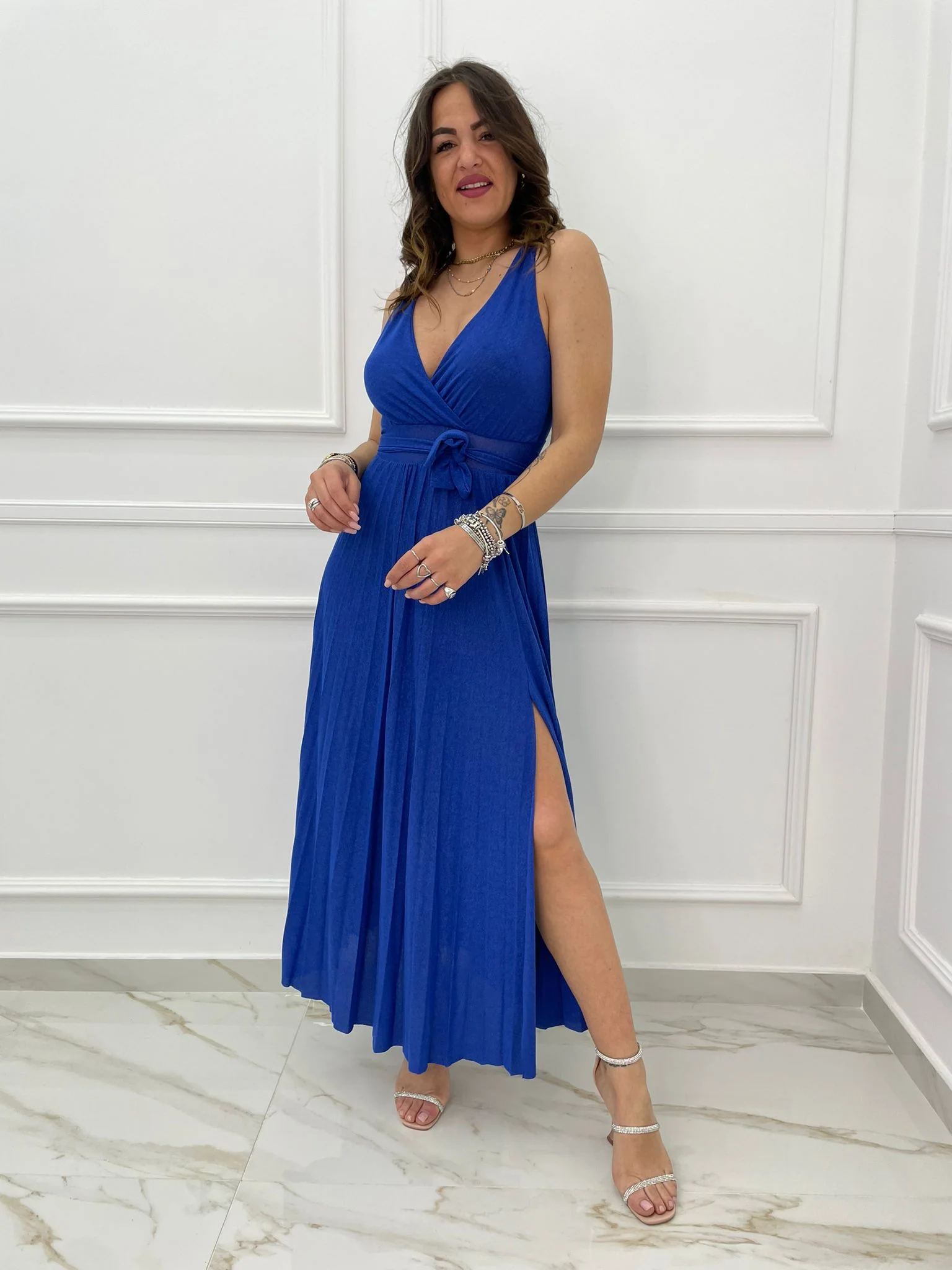 Vestito lungo lurex con scollo a V alla schiena