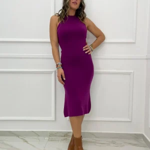 Vestito midi in simil lana con scollo all' americana