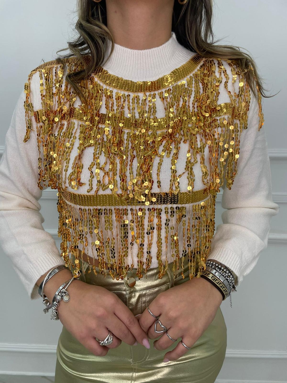 Maglione mezzo collo con cascata di paillettes - immagine 5