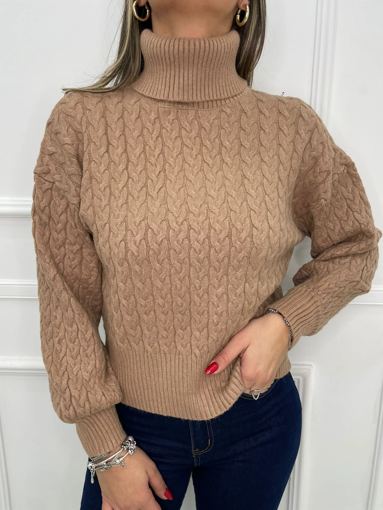 Maglione trama treccia collo alto - immagine 5