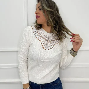 Maglia tinta unita con merletto giro collo