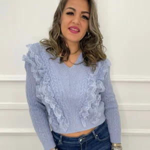 Maglia scollo a V con rouches in merletto