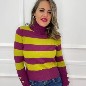 Maglione collo alto a righe colorate