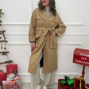 Cappotto lungo doppio petto con cintura in vita