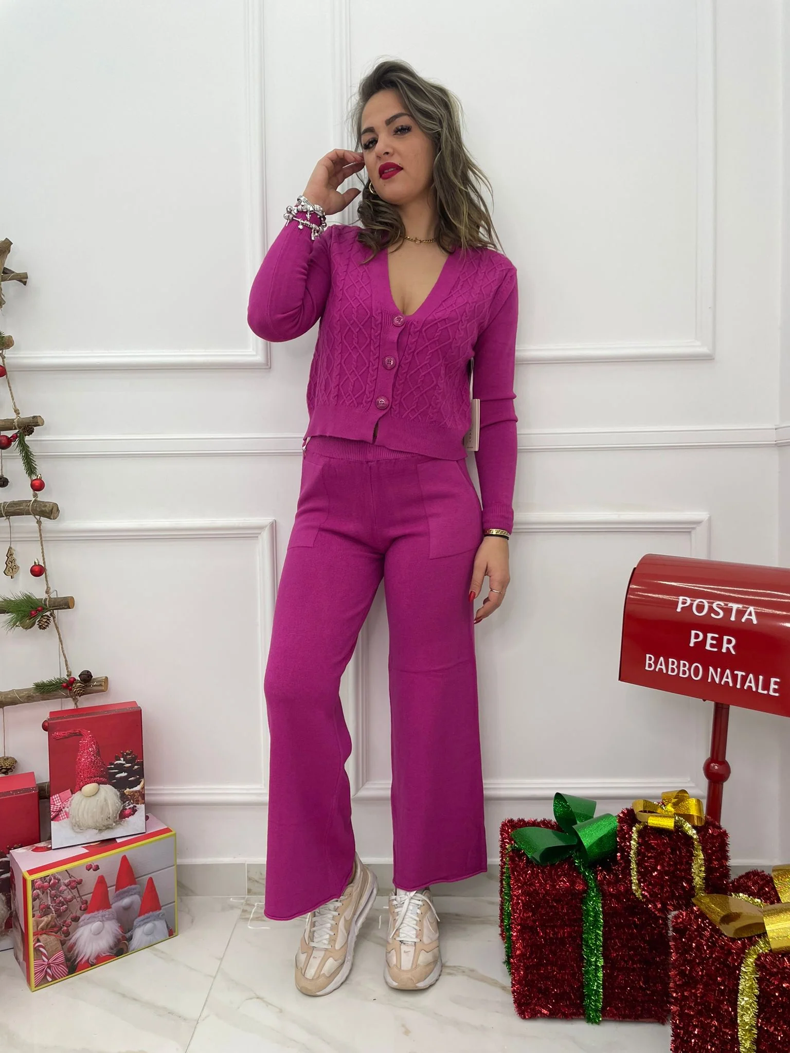 Coordinato 2 pezzi con cardigan trama rombi - immagine 8