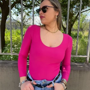 Body in lycra tinta unita con scollo rotondo