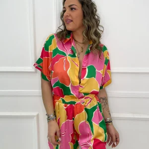 Coordinato 2 pezzi floreale con shorts effetto seta