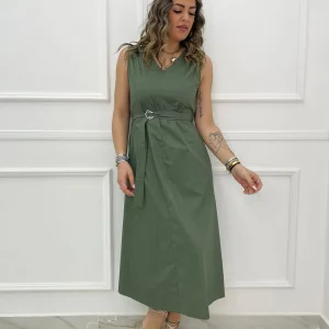 Vestito lungo in cotone con scollo a V e cintura