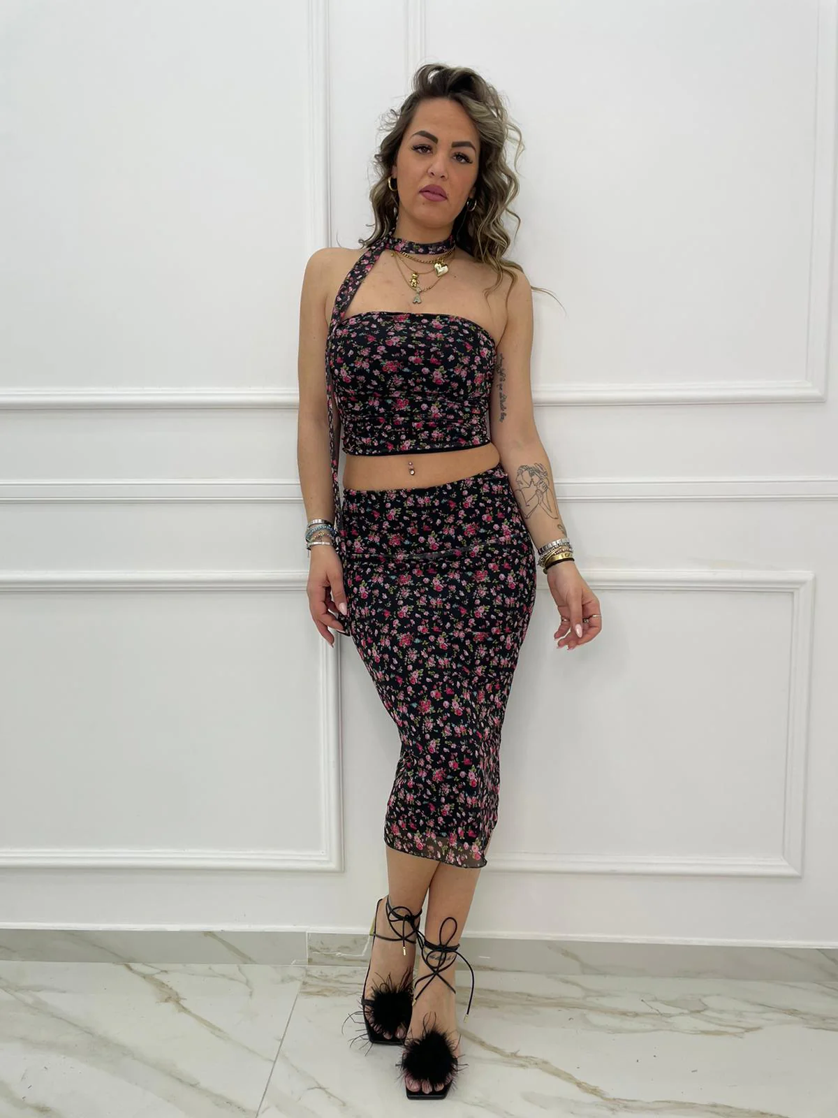 Coordinato 2 pezzi fantasia floreale con gonna lunga - immagine 8