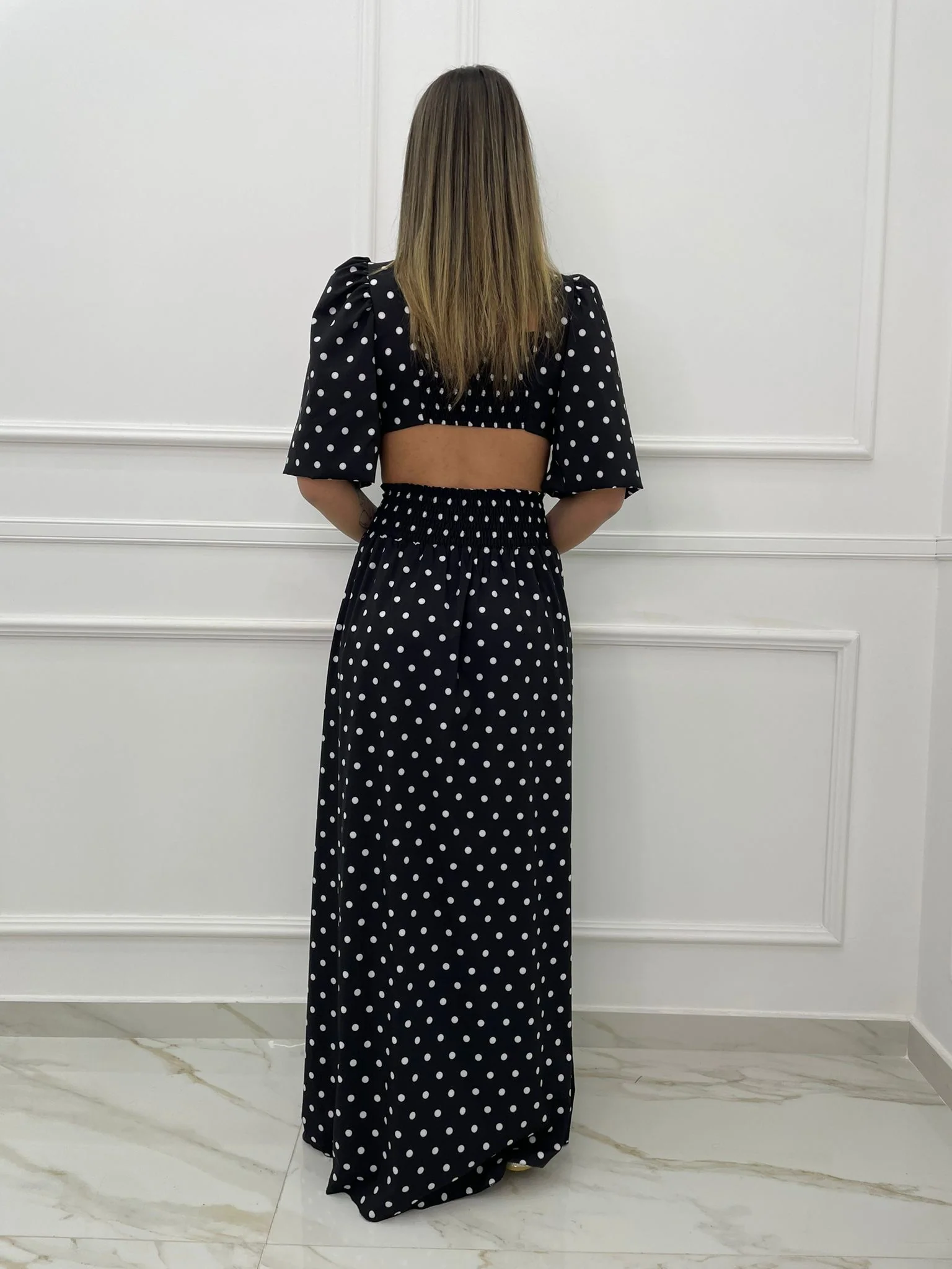 Coordinato 2 pezzi fantasia pois con gonnellone - immagine 3