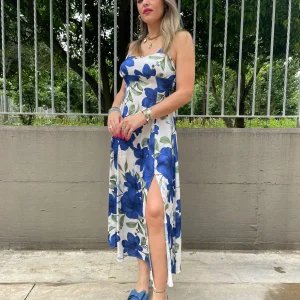 Vestito lungo floreale con spacco e scollo quadrato