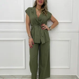 Coordinato 2 pezzi in lino con kimono e pantalone palazzo