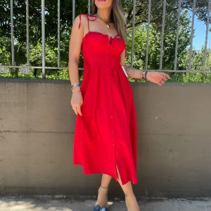 Vestito midi scampanato con bottoncini e laccetti