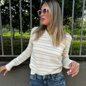 Maglione traforato scollo a V con righe laminate