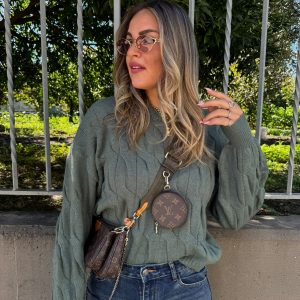 Maglione trama treccia con maniche a sbuffo