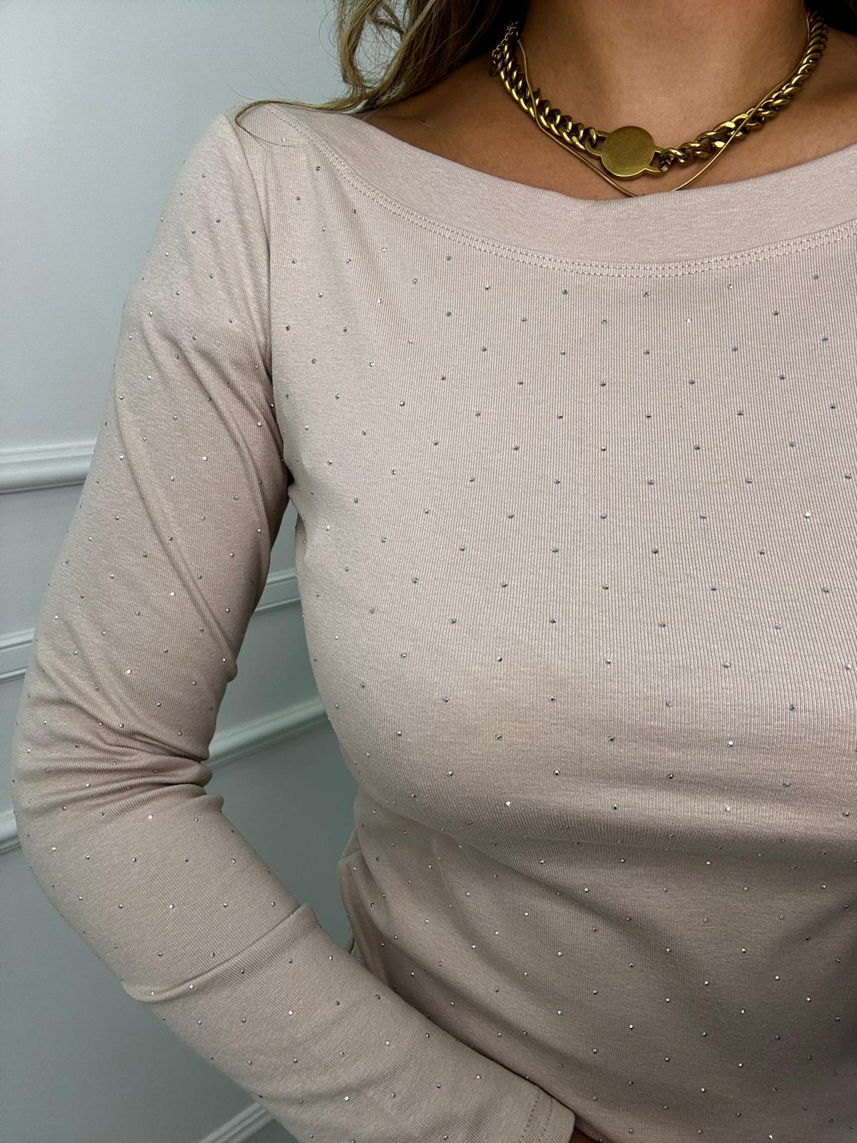 Maglia in cotone con brillantini e scollo a barca - immagine 6