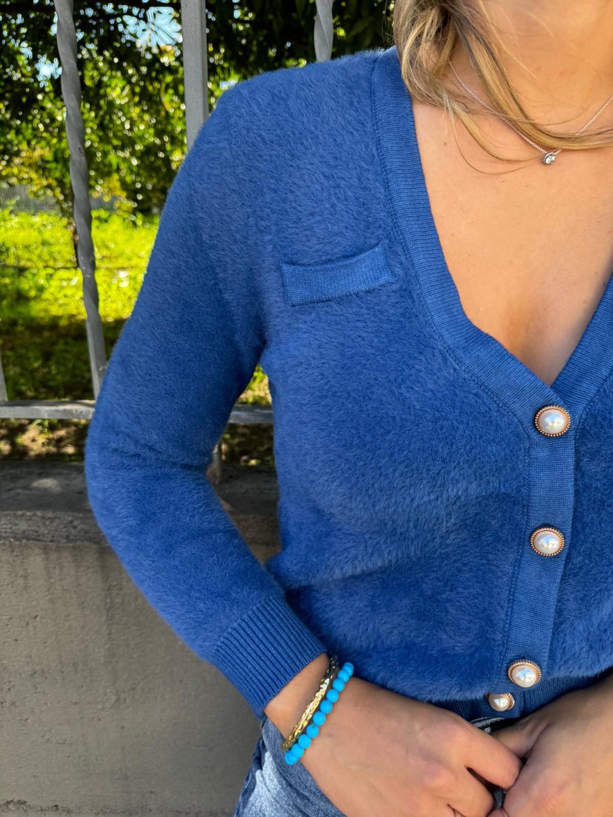 Cardigan in pelo scollo a V tinta unita - immagine 4