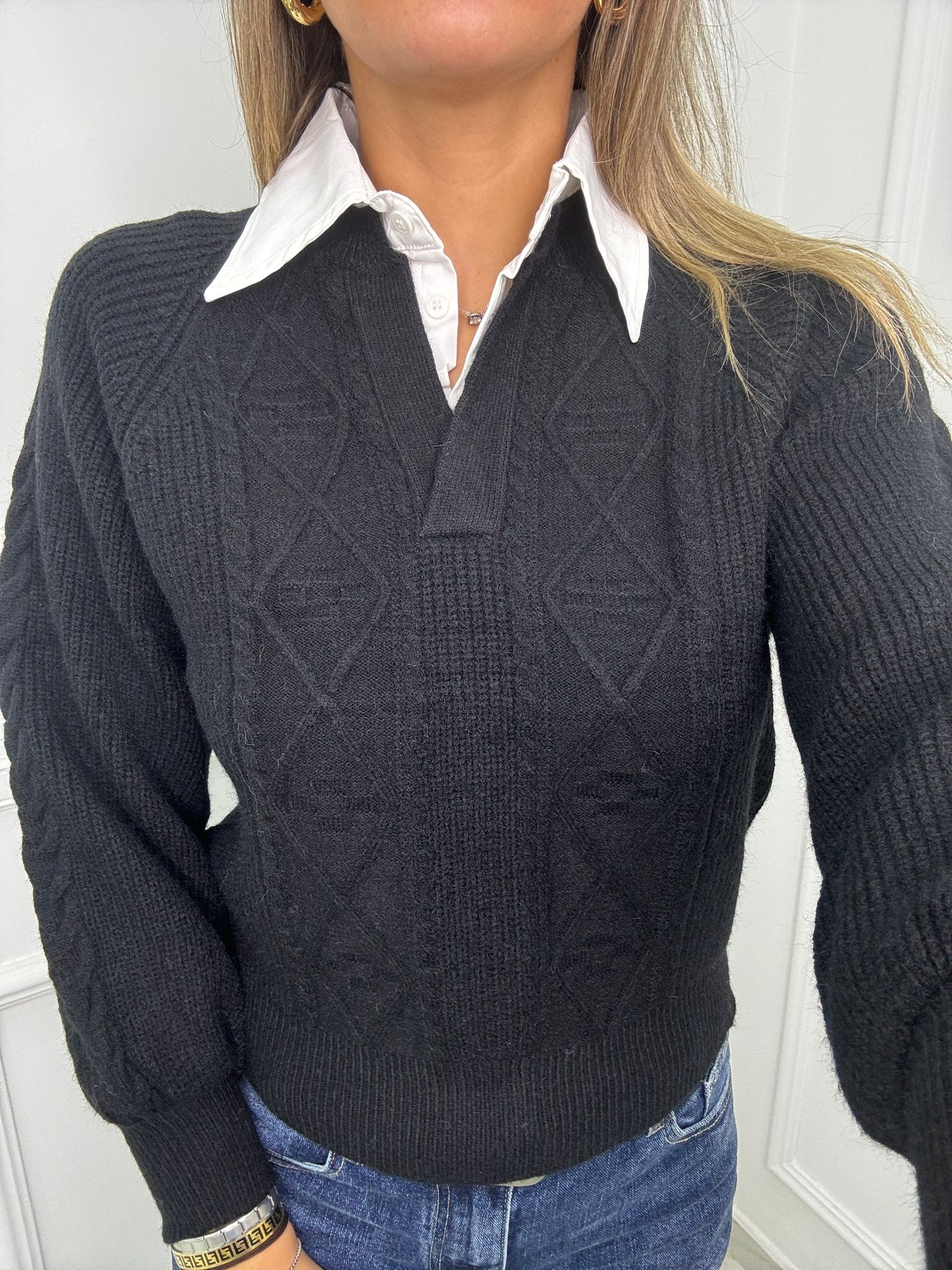 Maglione trama treccia con finta camicia - immagine 5