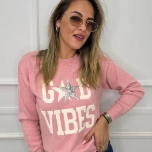 Maglia giro collo con scritta Good Vibes