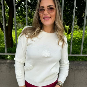 Maglioncino giro collo con fiori ricamati