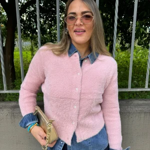 Cardigan in pelo con bottoni gioiello