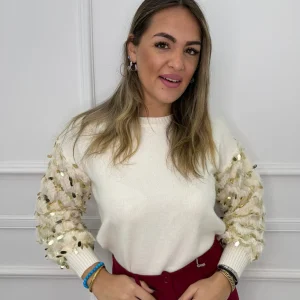 Maglioncino giro collo con maniche in piume e paillettes