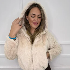 Pelliccia eco con cappuccio e zip avanti