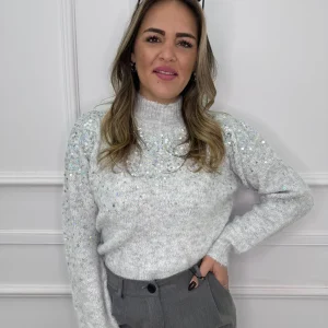 Maglione mezzo collo con parte superiore in paillettes