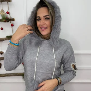 Maglione con cappuccio e eco pelliccia