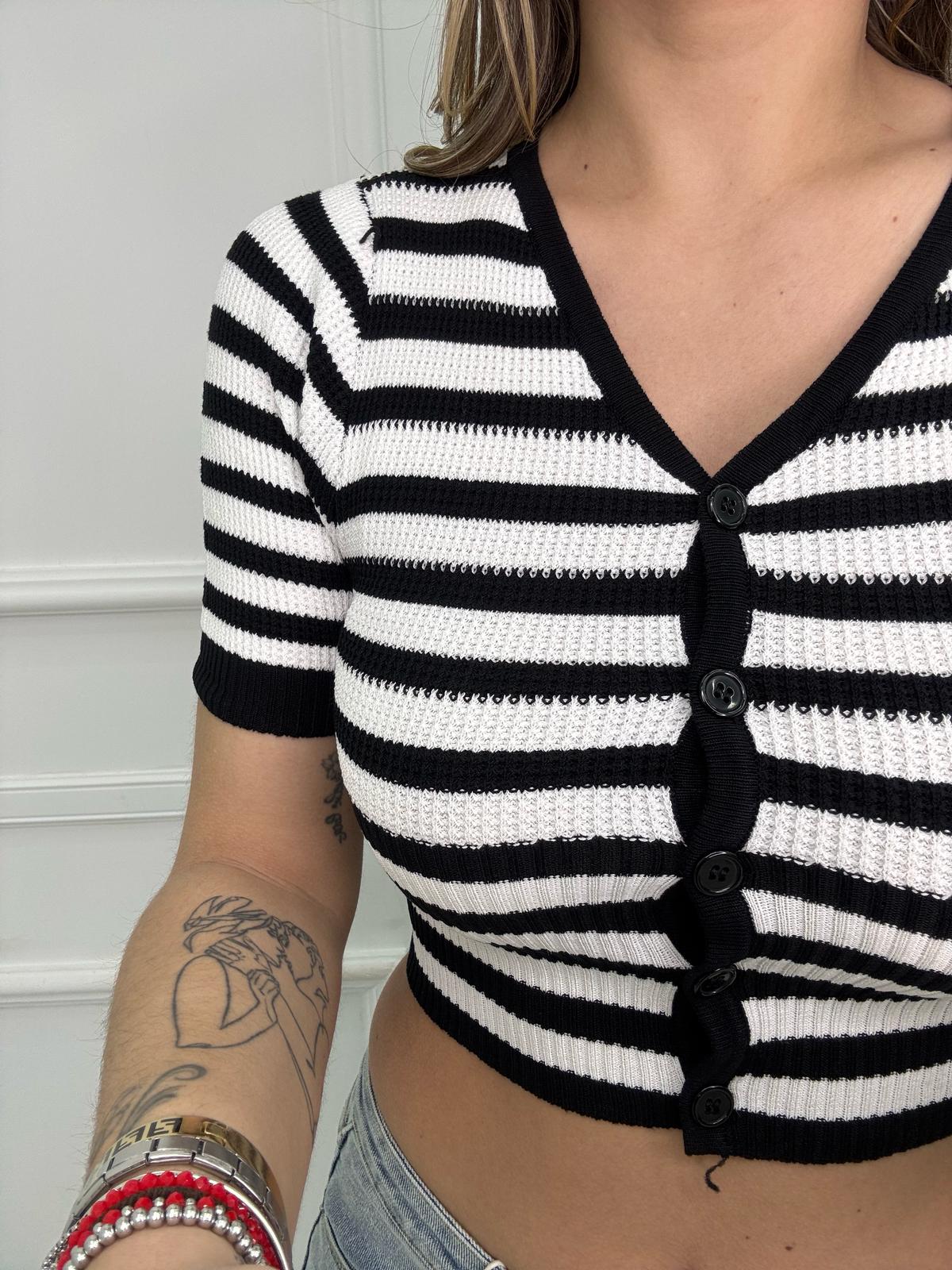 Cardigan in filo mezza manica a righe - immagine 6