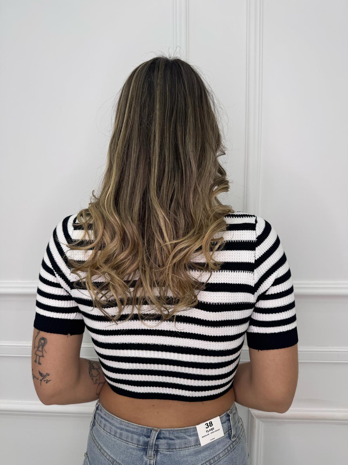 Cardigan in filo mezza manica a righe - immagine 7