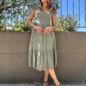 Vestito midi in pizzo san gallo con maniche volant