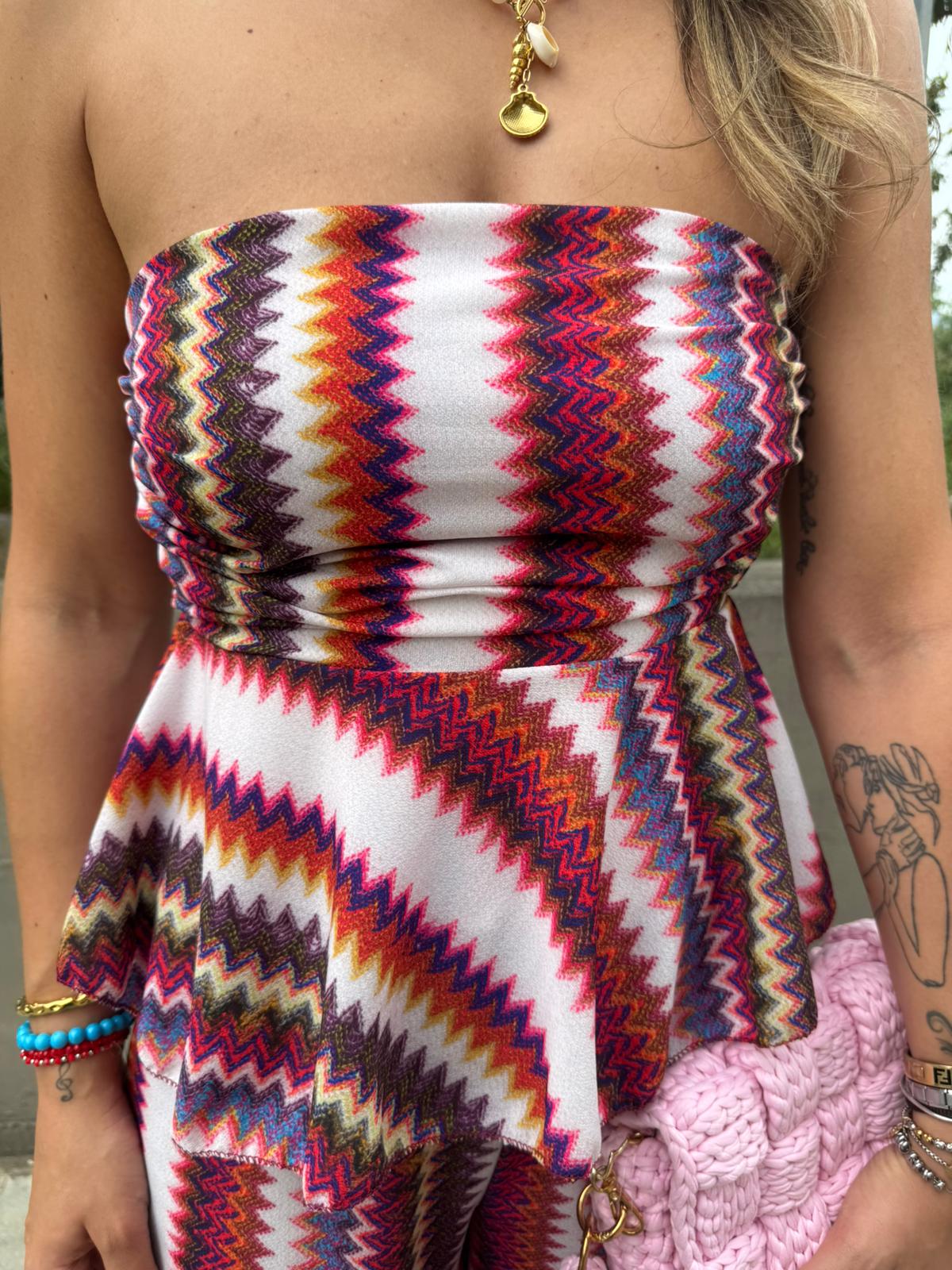 Coordinato 2 pezzi fantasia colorata con top a fascia - immagine 7