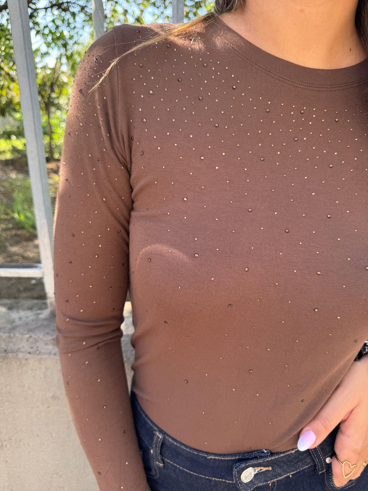 Maglia in cotone giro collo con swarovski - immagine 3