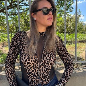 Body animalier con inserti velati e in velluto