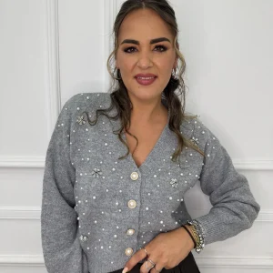 Cardigan con perle e applicazioni swarovski
