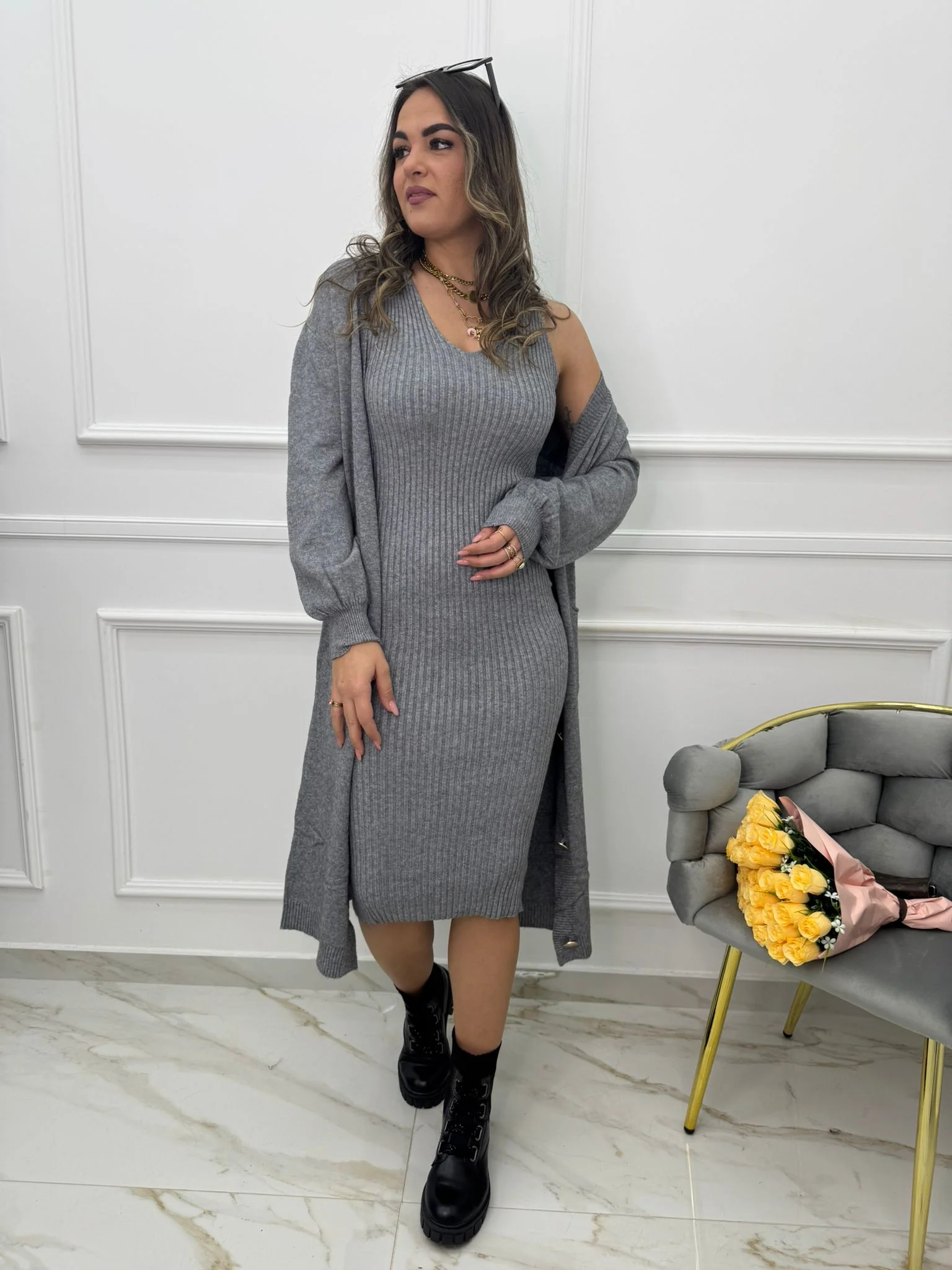Coordinato 2 pezzi con vestito e cardigan lungo - immagine 8