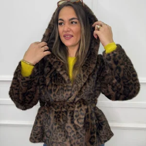 Pelliccia over animalier con cintura in vita