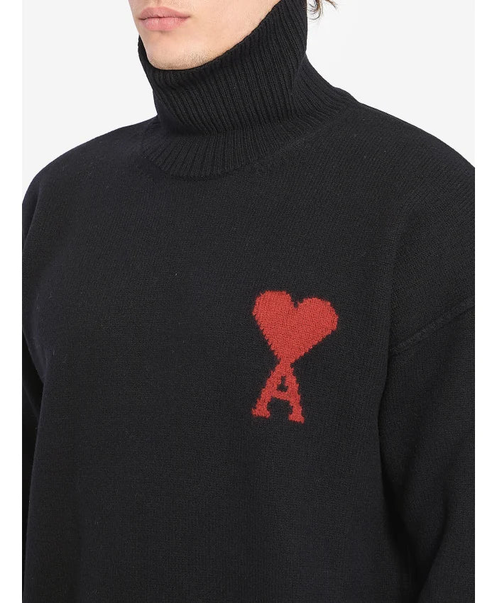 Maglione AMI Paris lana collo alto logo de coeur nero - immagine 5