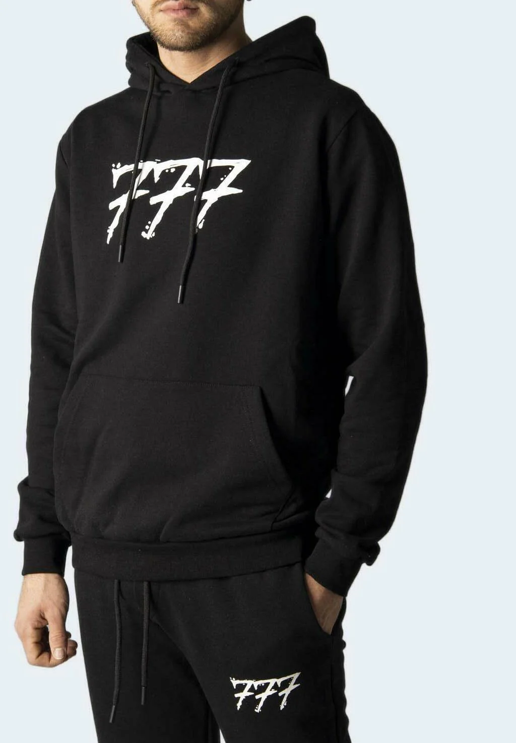 Tony Effe Completo tuta TRIPLOSETTE 777 felpa cappuccio + pantalone stampa nero - immagine 2