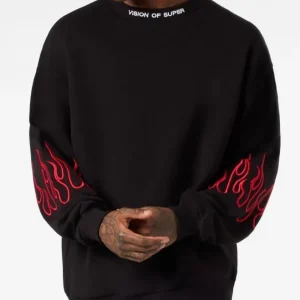 Felpa VISION OF SUPER nera con fiamma rosse ricamate
