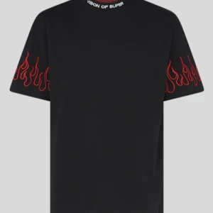 T-shirt VISION OF SUPER nera con fiamma rosse ricamate