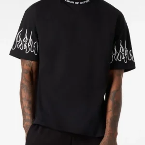 T-shirt VISION OF SUPER nera con fiamma bianche ricamate
