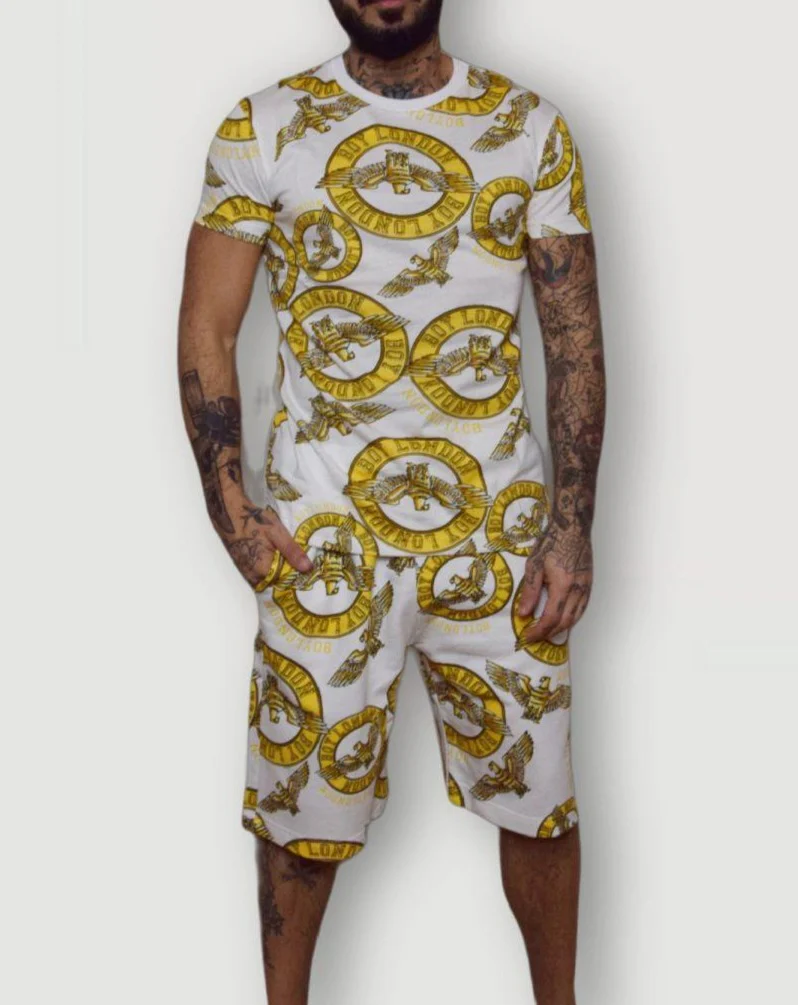 Completino estivo BOY LONDON maglia + bermuda stampa barocca all over bianco/oro