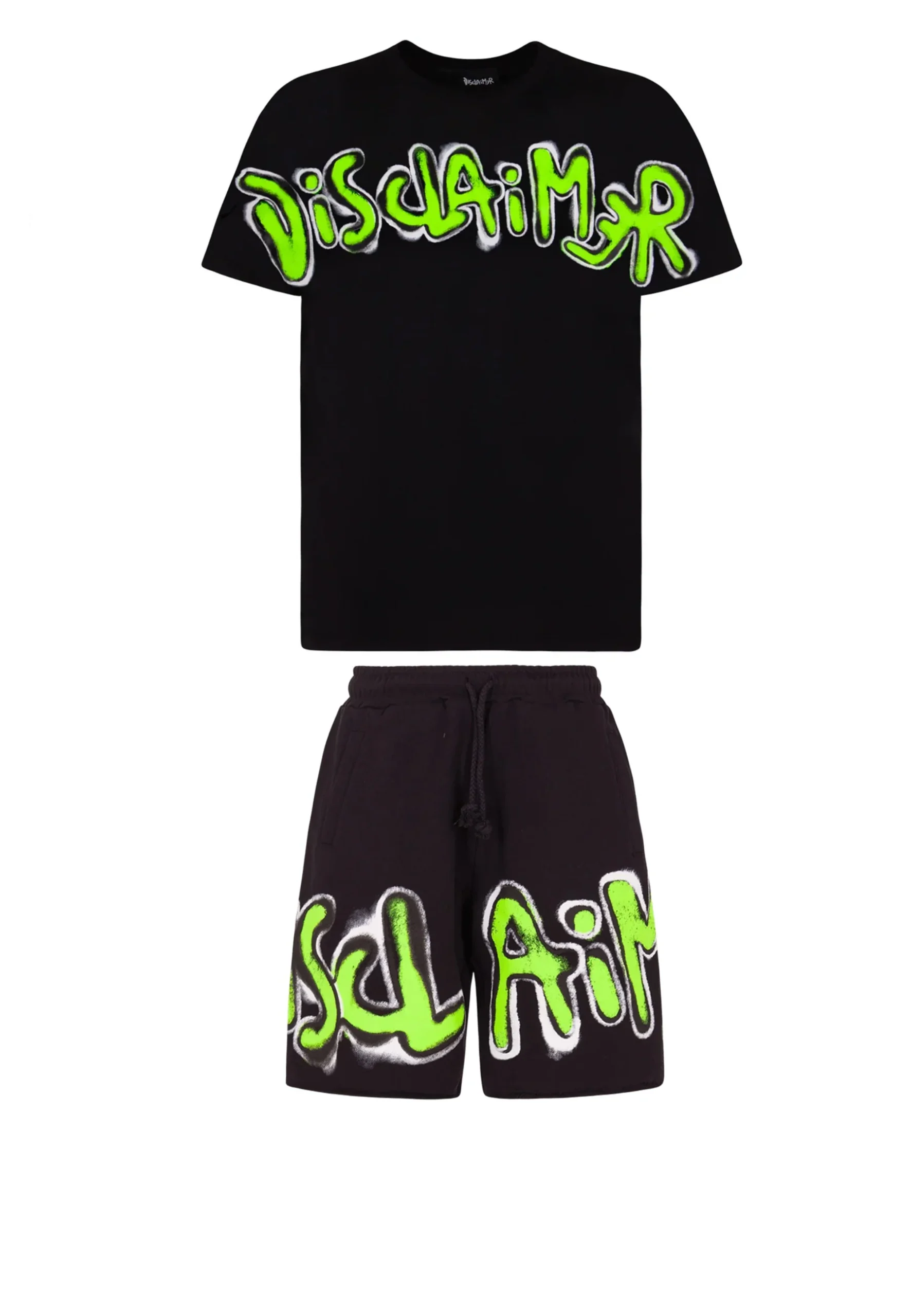 Completino DISCLAIMER t-shirt + bermuda stampa nero/giallo fluo - immagine 2