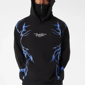 Felpa PHOBIA ARCHIVE doppio cappuccio Balaclava nera fulmini laterali blu