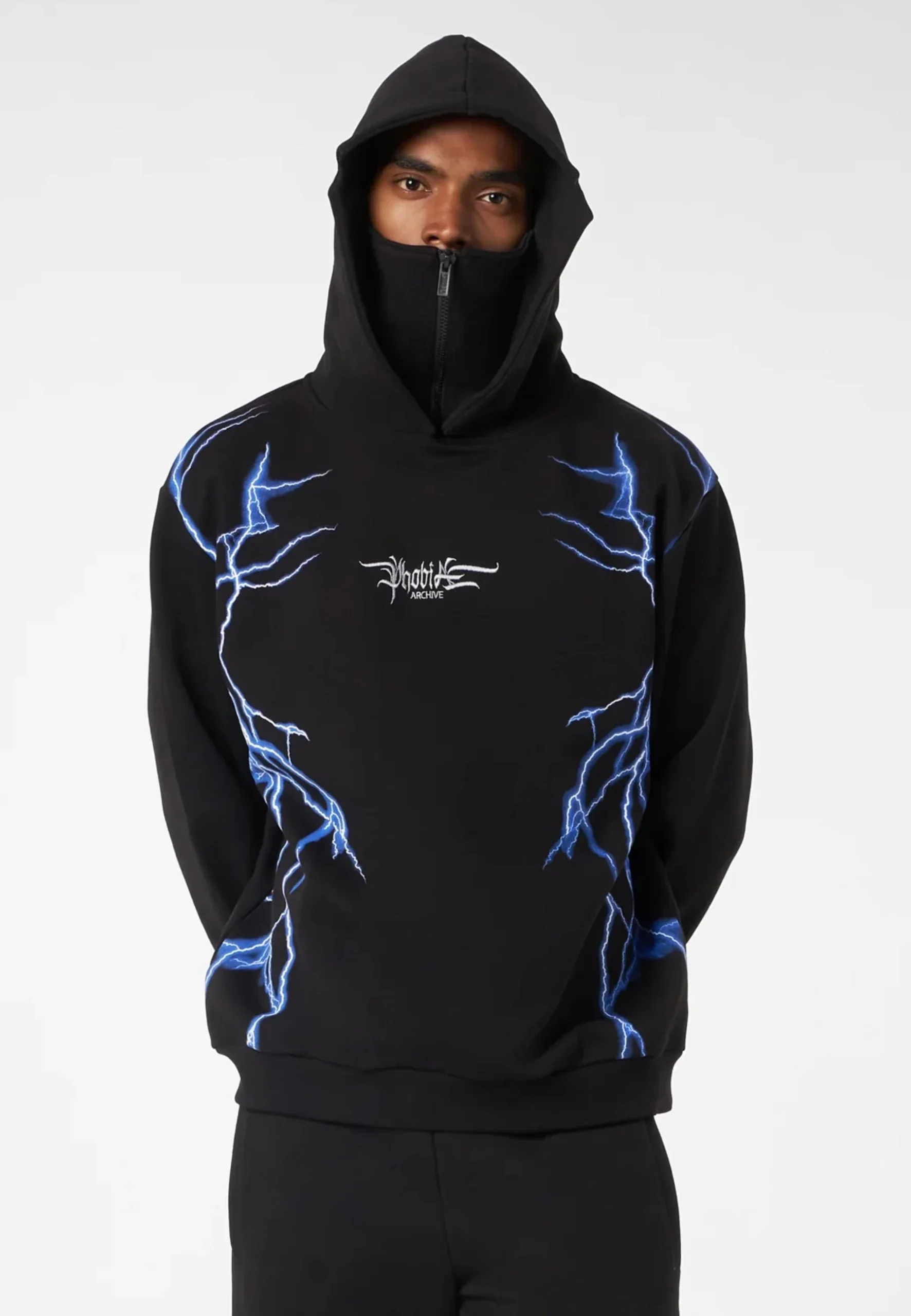 Felpa PHOBIA ARCHIVE doppio cappuccio Balaclava nera fulmini laterali blu - immagine 2