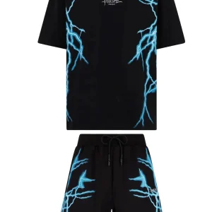 Completo estivo PHOBIA ARCHIVE t-shirt + pantaloncino nero fulmini laterali blue
