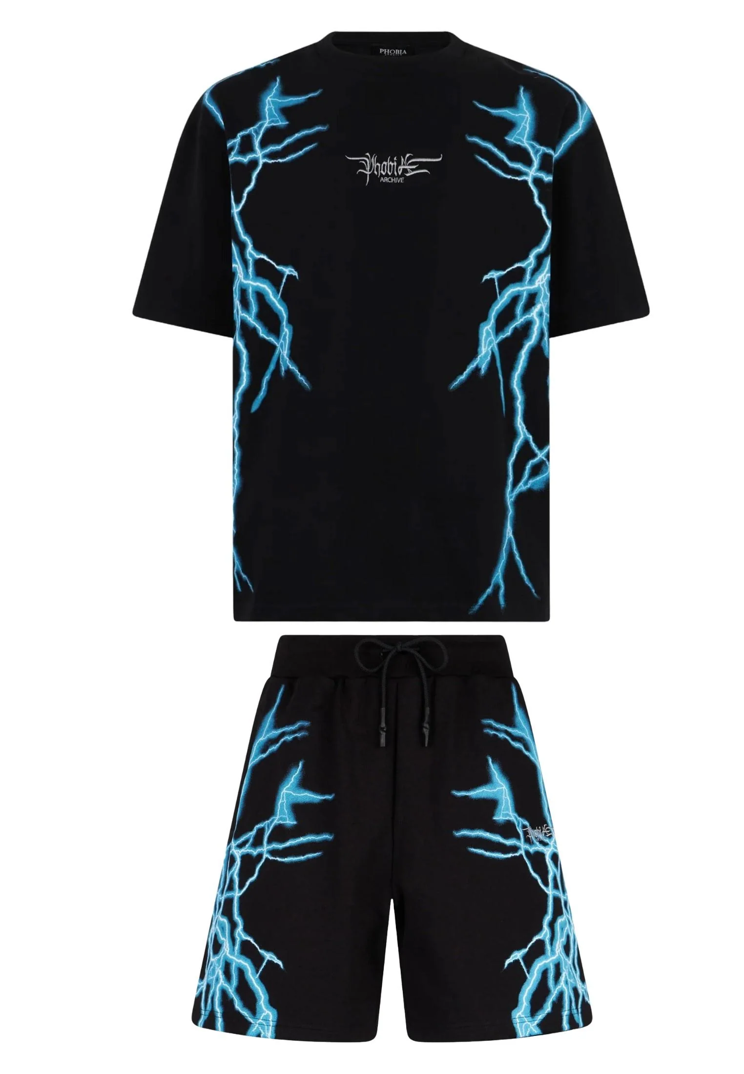 Completo estivo PHOBIA ARCHIVE t-shirt + pantaloncino nero fulmini laterali blue - immagine 2
