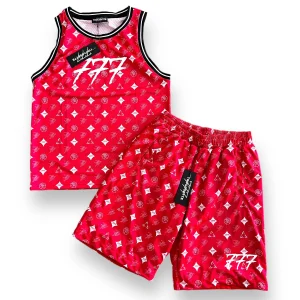 Tony Effe Completino estivo TRIPLOSETTE 777 canotta + bermuda in rete stampa microfile rosso